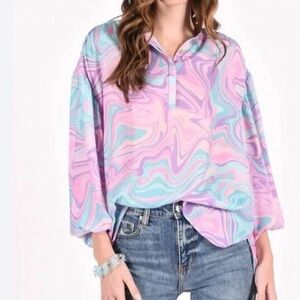 Emily McCarthy Long Sleeve Swirl Marble Lolli Top in Pink Purple Blue Small